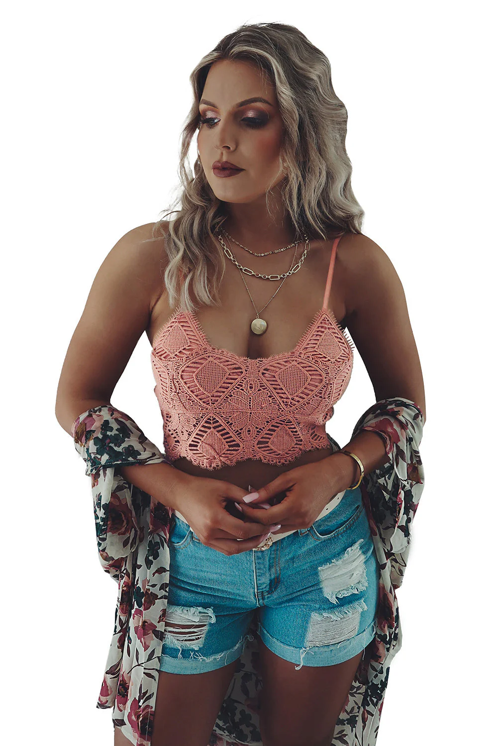 Pink lace bralette, pink crop top