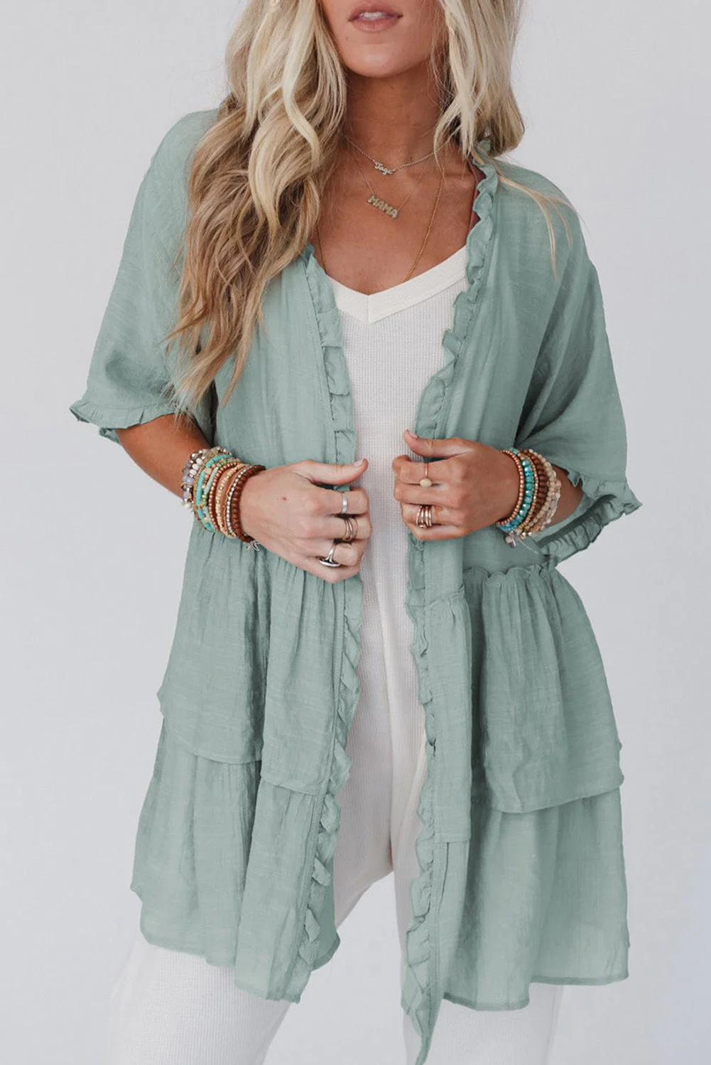 Sea foam green ruffled kimono